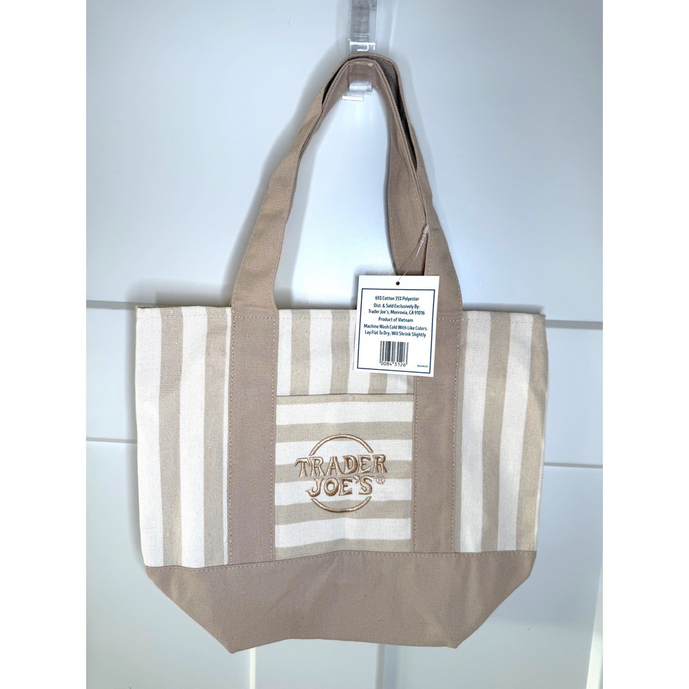 Trader Joe's Limited Striped Mini Canvas Tote Bag Tan/Brown/Beige Neutral NWT